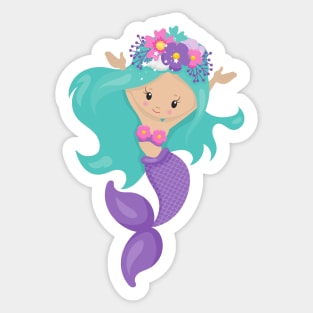 Cute Mermaid, Little Mermaid, Blue Hair, Flowers Sticker